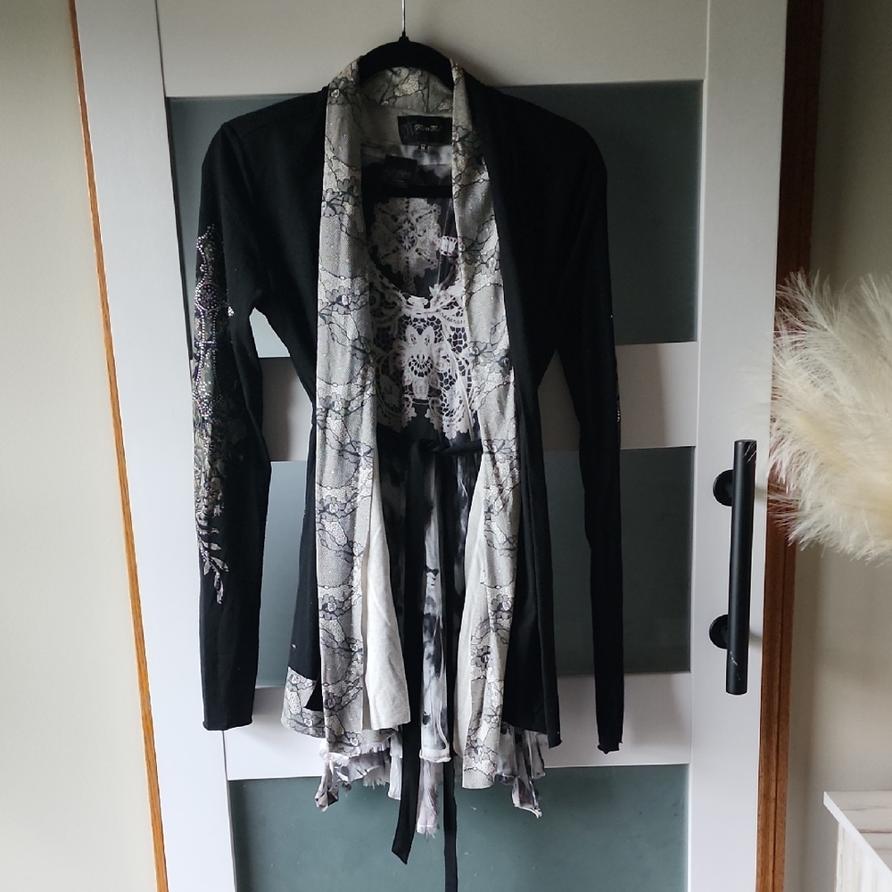 Miss Me Vintage Black and White Lace Cardigan With Daytrip Tunic